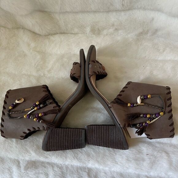 Very Volatile brown vegan leather Boho beaded ankle strap sandals 3” heels SZ8 - Picture 5 of 11